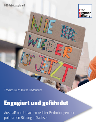 Titelbild Studie: Plakat auf dem steht: Nie wieder ist jetzt. Unterhalb davon Titel der Studie: Engagiert und gefährdet.